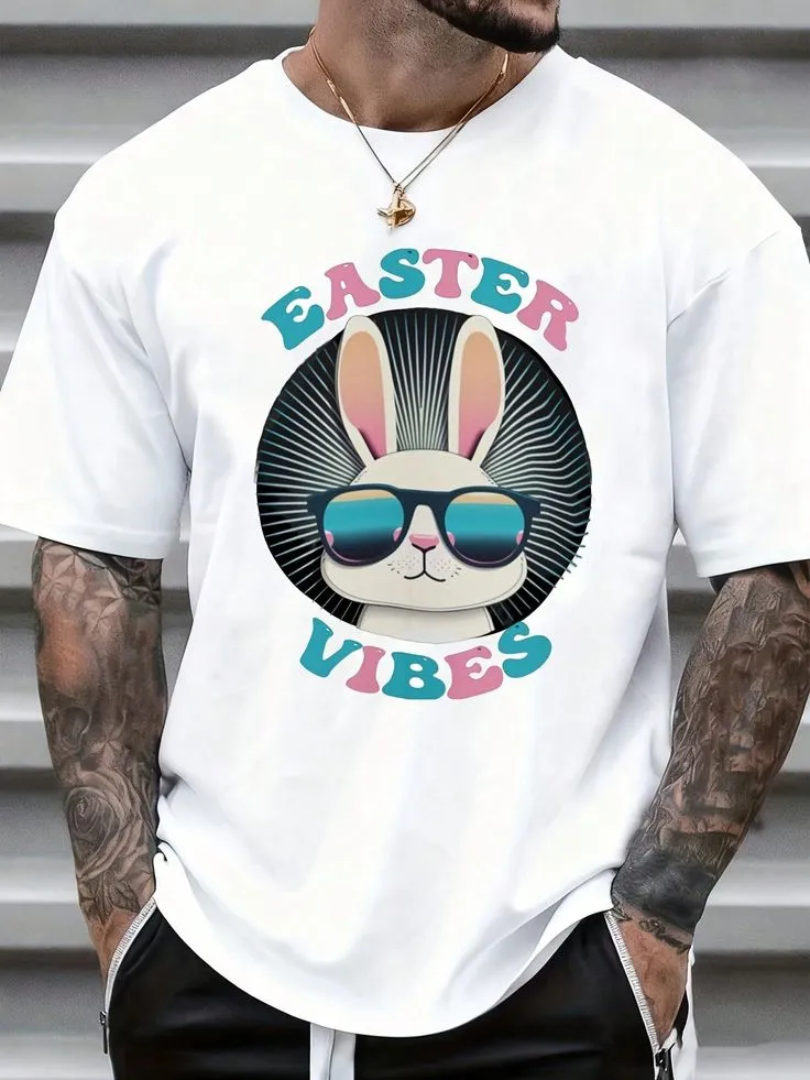 Easter Vibes Bunny Rabbit Sunglasses Graphic T-Shirt Men Summer Casual Easter Holiday Fun Tee Shirt Unisex Fashion Top.webp